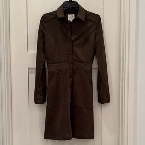Olive green--- Faux Suede Button Front Long Sleeve Mini Shirt Dress. NWT